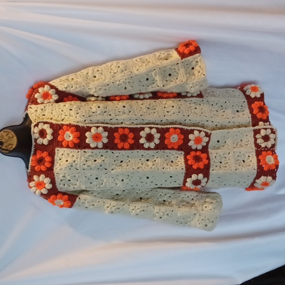 Cream and Orange Floral Crochet Cardigan Sweater